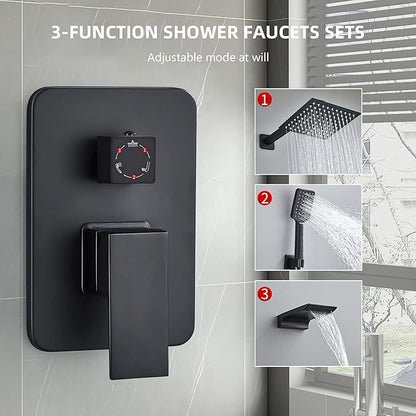 Shower Faucet Set Complete Matte Black Shower System with 8 inch Square Rainfall Shower Head 3-Function Handheld Shower Waterfall Bathtub Spout Rain Shower Combo Set Bathroom Wall Mounted