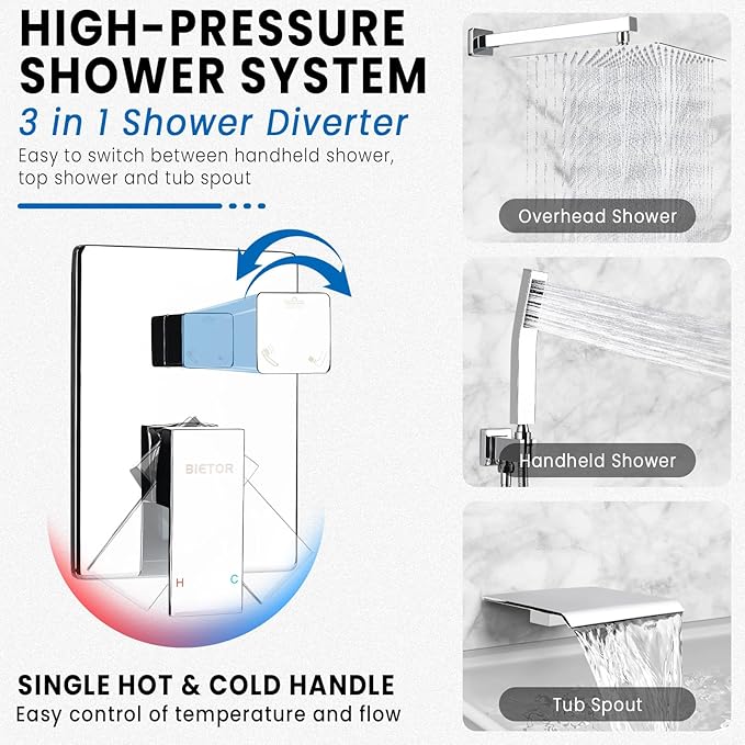 Wall Mounted Shower Faucet Set, Shower System with Tub Spout, 10 Inch Rainfall Shower Head with Handheld Spray, Waterfall Tub Spout Bathtub Faucet, Chrome