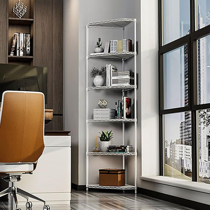 White 6 Tier NSF Metal Pentagonal Corner Wire Shelving Units, 600lbs Storage Rack with Feet for Kitchen, Utility Room, Warehouse, 72" H x 20" L x 20" W