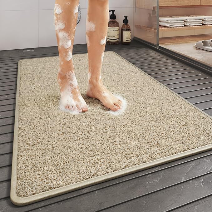 Non Slip Shower Mat Bathtub Mat 16x24 Inch, Quick Dry Bath Mat with Drain, Soft PVC Imitation Loofah Foot Scrubber Bath Mats for Bathroom Tub Shower Floor, Hangable & Hook Included, Beige