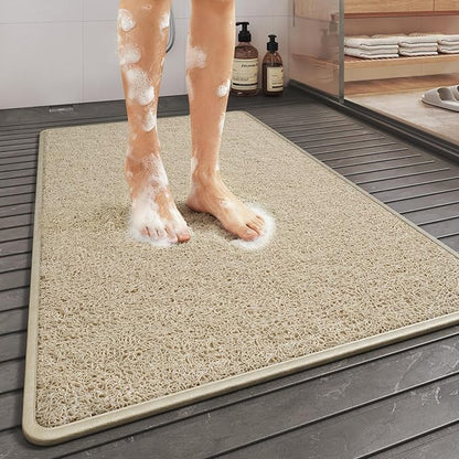 Non Slip Shower Mat Bathtub Mat 16x24 Inch, Quick Dry Bath Mat with Drain, Soft PVC Imitation Loofah Foot Scrubber Bath Mats for Bathroom Tub Shower Floor, Hangable & Hook Included, Beige