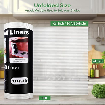 Anoak Shelf Liner - Non-Slip Cabinet Liner, 24 Inch x 30 FT(360 Inch) Durable Waterproof Washable Oil-Proof for Kitchen Cabinet, Shelves, Refrigerator, Storage, Desks, Non Adhesive