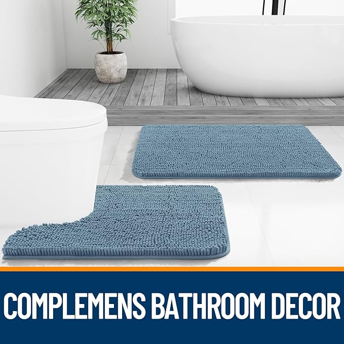 OLANLY Toilet Rugs U-Shaped 24x20, Extra Soft Absorbent Chenille Contour Bathroom Rugs for Toilet, Dry Quickly, Machine Washable, Non-Slip Bath Mat, Airy Blue
