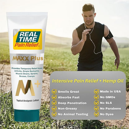 Real Time Pain Relief MAXX Plus - 7oz Tube | Intensive Formula with 19 Natural Ingredients Including Hemp Oil | Fast-Acting Relief for Muscle Pain, Arthritis, Backaches, and More