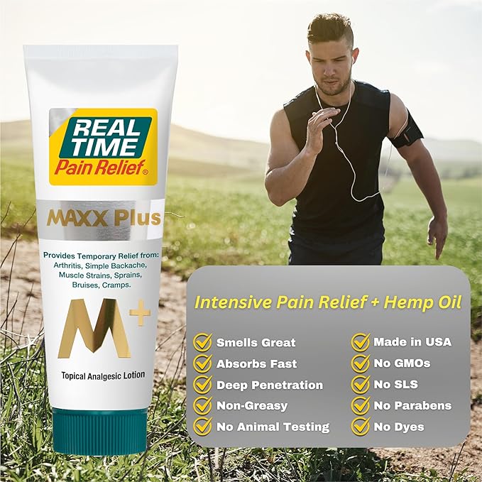 Real Time Pain Relief MAXX Plus - 4oz Tube | Intensive Formula with 19 Natural Ingredients Including Hemp Oil | Fast-Acting Relief for Muscle Pain, Arthritis, Backaches, and More