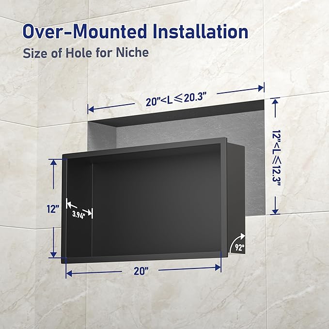 Stainless Steel Shower Niche 20" X 12" Matte Black No Tile Needed Niche Shower Recessed Wall Horizontal Niches for Bathroom Storage Over Mount Installation