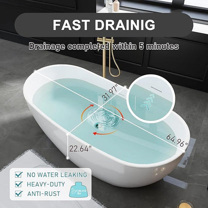 65" Acrylic Freestanding Bathtubs, Stand Alone Tub, Soaking Tubs for Bathroom, Integrated Overflow and Drain, cUPC Certified, Gloss White