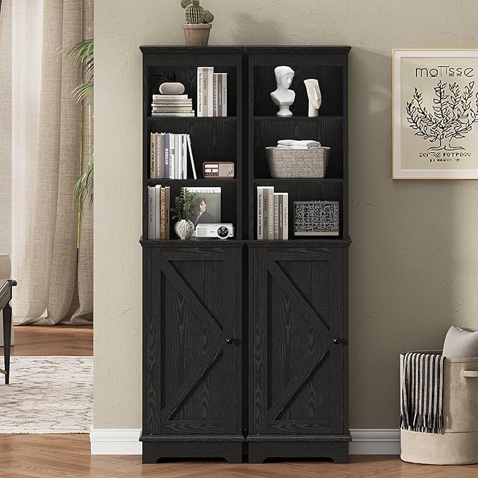 Narrow Bathroom Storage Cabinet with Door and Open Adjustable Shelves, 60.9" H Wooden Tall Tower Corner Farmhouse Cabinet, Freestanding Organizer for Kitchen, Entryway Black