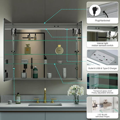WELLFOR 36" X 30" LED Medicine Cabinet with Mirror, Double Opening Door, Recessed or Surface Cabinet Mirror, Bathroom Mirror Cabinet, Medicine Cabinet with Lights with Outlets & USB Ports
