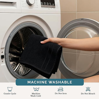 Casa Platino 100% Cotton Washcloths 6 Pack - Spa & Salon Quality Face Cloths - Ring Spun, Soft & Absorbent Wash Cloths for Body, Beauty, Home, Gym - Fingertip Towels Set- 13"x13", Black Towels Set