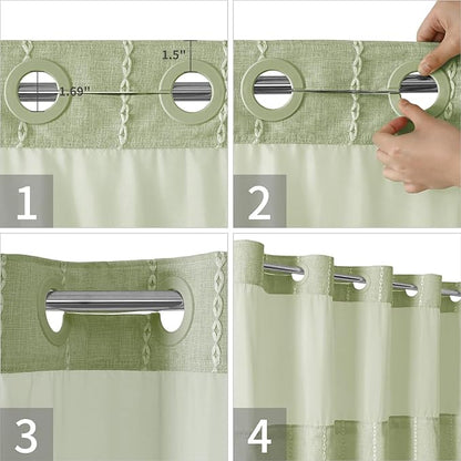 Sage Green Farmhouse No Hook Shower Curtain Set with Snap-in Fabric Liner,Boho Heavy-Duty Linen Textured Rustic Striped Design,Water-Repellent with Tassels and Sheer Window,71x74