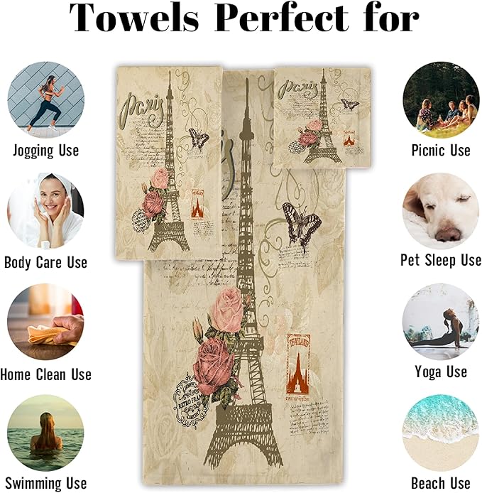 Vintage Butterfly Paris Eiffel Tower 3 Piece Towel Bathroom Sets, 1 Bath Towel, 1 Washcloth, 1 Hand Towel, Cotton Fast Dry Soft Absorbent Towel Set for Home Kitchen Family