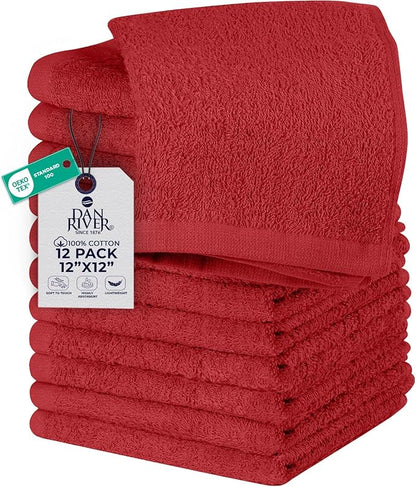 DAN RIVER 12 Pack Wash Cloths for Showering [12x12] - 100% Cotton Washcloths Premium Quality Flannel Face Cloths for Bathroom, Highly Absorbent and Soft Feel Wash Clothes, Red