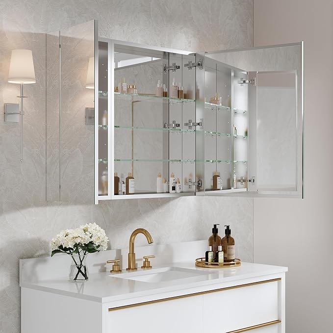 WELLFOR 36" x 30" Rectangle Medicine Cabinet Mirror, Surface Mount or Recessed Medicine Cabinet with Tempered Mirror, Anodized Chrome Aluminum Frame, Bathroom Mirror with Storage