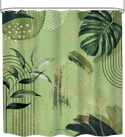 Sage Green Boho Shower Curtain 72Wx72H Abstract Mid Century Tropical Palm Leaves Gold Plant Geometric Minimalist Botanical Bathroom Decor Modern Bath Curtain Fabric Polyester 12 Pack Hooks