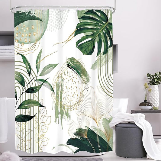 Sage Green Boho Shower Curtain 48Wx72H Small Stall Narrow Modern Abstract Mid Century Bohemian Tropical Palm Leaves Geometric Bathroom Decor Botanical Bath Curtain Fabric Polyester 8 Pack Hooks