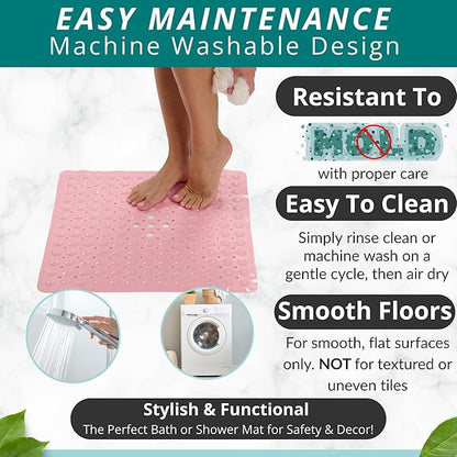 ENKOSI Square Shower Mat – 21 x 21 Inch Non-Slip Mat with Suction Cups and Drain Holes – Anti-Slip Square Bathroom Bathtub Shower Mats for Inside Shower (21x21 Baby Pink)