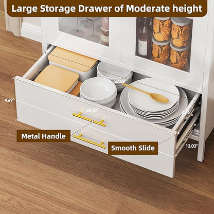 73''H Arched Kitchen Pantry Cabinets with 2 Drawers, Metal Arch Bookcase with Glass Door for Home Office, Assemble Require, White