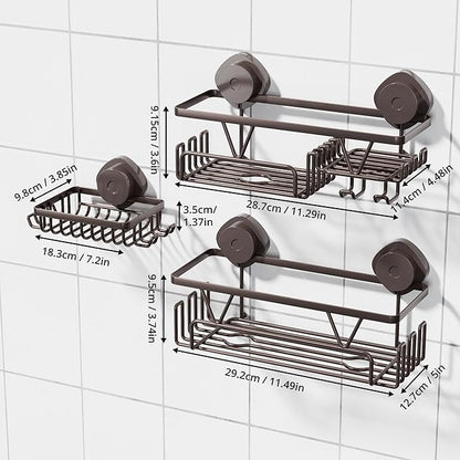 KEGII Suction Cup Shower Caddy – 3 Pack Suction Cup Shelf with Soap Holder & Hooks, Rustproof Stainless Steel Shower Organizer, Removable No Drilling Bathroom Storage Rack, Bronze
