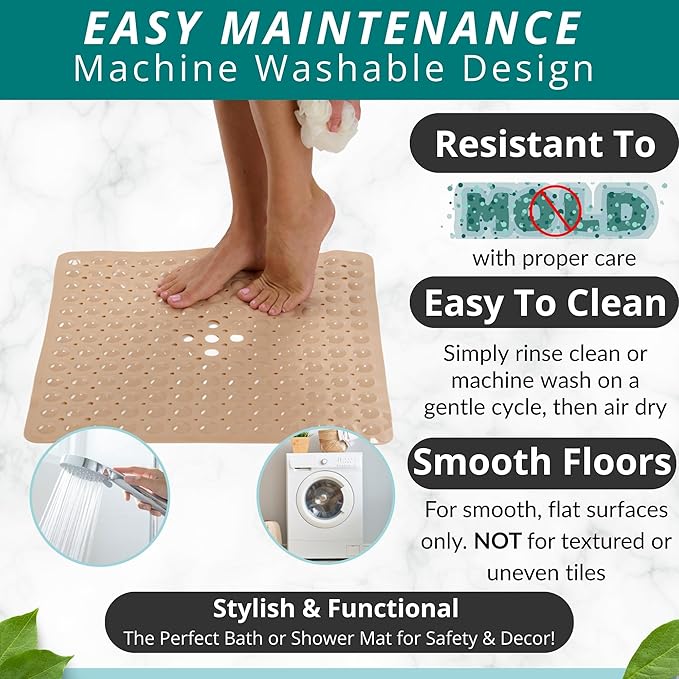 ENKOSI 21 x 21 inch Square Non-Slip Shower Mat – Anti-Slip Shower Mats for Inside Shower – Secure Grip for Shower Stall Floors – Quick-Dry with Drain Holes (21x21 Beige)