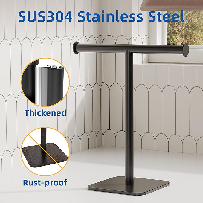 RUACQ T-Shape Hand Towel Holder Stand, Weighted Base Towel Rack, Countertop Towel Holder for Bathroom, 304 Stainless Steel, Heavy Duty (Matte Black)