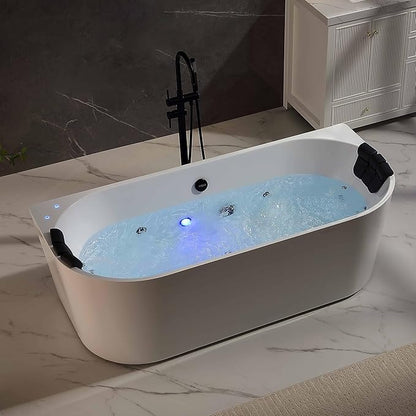 Empava Update Acrylic Whirlpool Bathtub, 71-Inch Freestanding Gracefully Oval Shaped Jetted Bathtub with Healing Chromotherapy, 18 Hydromassage Jets, Single-Ended Bathtubs, Black Nozzles
