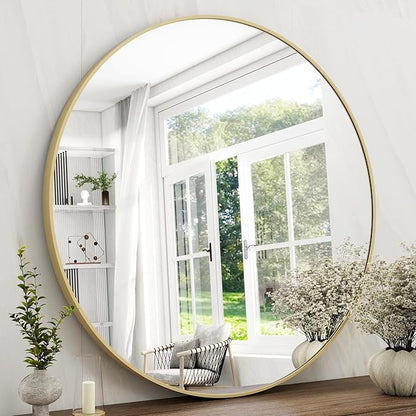 32 Inch Round Bathroom Mirror - Black Wall Mounted Circle Mirror with Metal Frame, Modern Round Hanging Mirror Suitable for Bathroom, Vanity, Entryway, Living Room