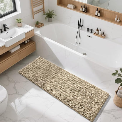 Yimobra Bathroom Runner Rug 60x24 Inch - Extra Long Non Slip Chenille Bath Mat, Soft & Absorbent, Machine Washable Shaggy Hallway Carpet for Vanity Tub Shower, Camel Home Decor Accessories