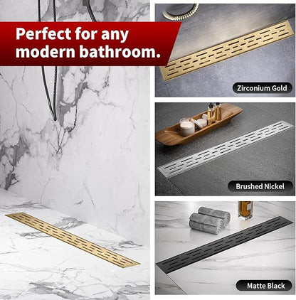 Sharp-tec Linear Shower Drain, 36 inch Shower Drain with Removable Pattern Cover, Brushed Gold 304 Stainless Steel Rectangle Floor Drain, Adjustable Feet and Hair Strainer Included (Model 101)