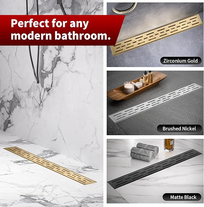 Sharp-tec Linear Shower Drain, 28inch Shower Drain with Removable Pattern Cover, Brushed Gold 304 Stainless Steel Rectangle Floor Drain, Adjustable Feet and Hair Strainer Included (Model 101)