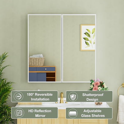Buruis 30" x 30" Framed Medicine Cabinet with Mirror, Recessed or Wall Mounted Bathroom Cabinet, Adjustable Tempered Glass Shelves, Left/Right Open Reversible, No Assembly Required, White