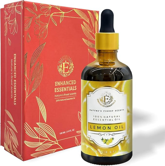 Luxurious Lemon Essential Oil by Enhanced Essentials| Organic & Pure| for Home Cleaning & Fragrance,Diffusers,Skin & Hair Care,Aromatherapy,Soap & Candle Making|with Glass Dropper|3.38 fl oz (100 ml)