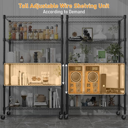 Himimi 5-Tier Heavy Duty Steel Wire Rack Storage Shelving, Adjustable Metal Storage Shelves with Wheels, 82''H Wire Shelf for Kitchen Garage Basement Pantry Organization, 18" D×36" W×82" H-Black