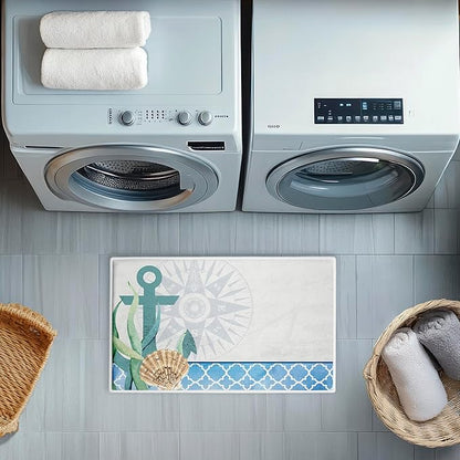 Stupell Industries Bayside Anchor & Compass Plush Bathroom Mat & Bath Rug, Soft Quick-Dry Non-Slip Bathroom Rug with Recycled Foam Cushion, Nautical Coastal Navigation Design by Kim Allen, 18"x30"