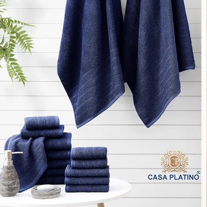 Casa Platino 100% Mercerized Cotton Towels for Bathroom - 24 Pc - Ringspun, Soft & Absorbent - 2 Bath Sheets, 2 Gym, 2 Bath, 4 Fingertip, 6 Hand Towels, 8 Washcloth - Sustainably Produced - Navy Blue