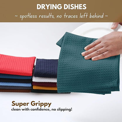 Native Fab Cotton Kitchen Towel with Hanging Loop 16x26 inches, 12-Pack, Waffle Weave Kitchen Towels for Cleaning Drying, Washcloths Soft & Absorbent Cloth Rags, Bar Towel, Dish Cloth, Teal Green