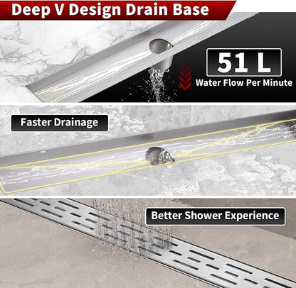 Sharp-tec Linear Shower Drain, 24 inch Shower Drain with Removable Pattern Cover, Brushed Nickel 304 Stainless Steel Rectangle Floor Drain, Adjustable Feet and Hair Strainer Included (Model 101)