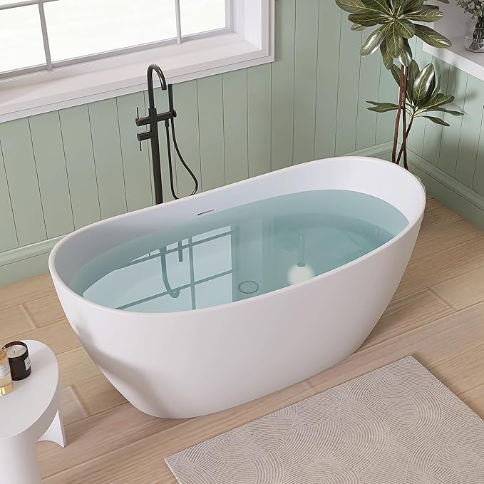 SJ STAR&JANE 55" Solid Surface Freestanding Bathtub Stone Resin Tub Oval Double Slippers Stand Alone Soaking Tub with Pop-up Drain and Overflow, Matte White