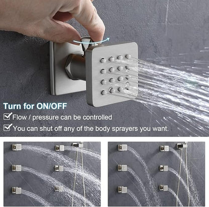 Enga Rain Shower Jet Thermostatic System Work At the Same Time, Body Spray with On-off Switch, 16inch Brushed Nickel Brass Faucet Complete Set