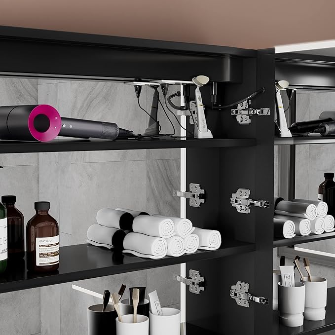 Medicine Cabinets for Bathroom with Mirror, 48”W x 30”H Wall Mounted LED Medicine Cabinet Mirror with Defogger, Dimmer, Outlets & USB, Double Doors