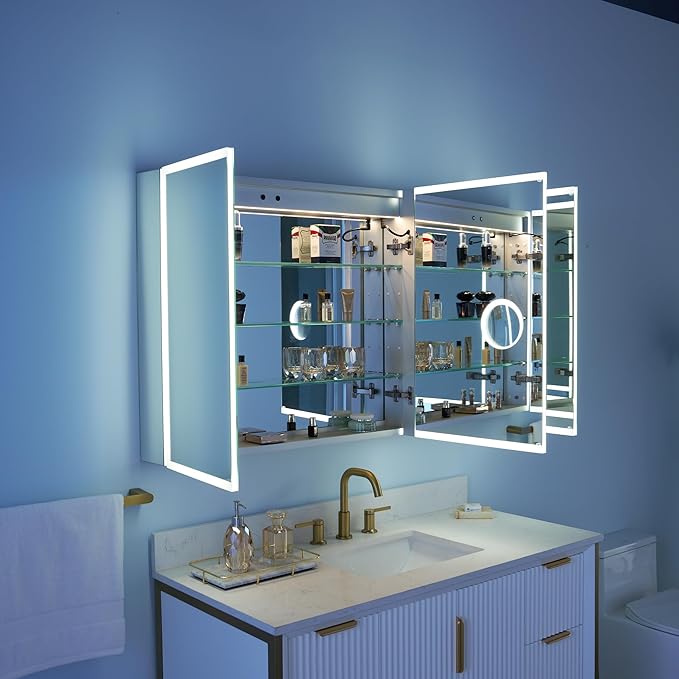 WELLFOR 48" X 30" LED Medicine Cabinet with Mirror, 3X Magnifiying Mirror Cabinet, Defogging/Dimmable Bathroom Mirrored Cabinet, Lighted Medicine Cabinet with Outlets & USB Ports, Three Doors