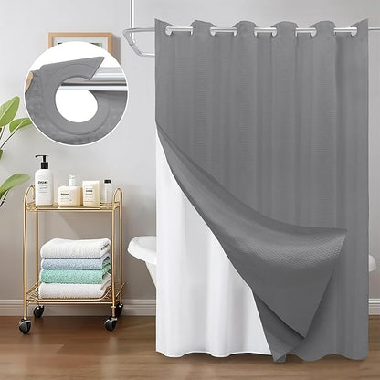 Inhousolu No Hook Waffle Weave Shower Curtain with Removable Snap in Fabric Liner Set for Bathroom, 230 GSM Heavy Duty Weighted Hem, Water Repellent Washable Bath Curtains, 72 x 78 Inch, Grey
