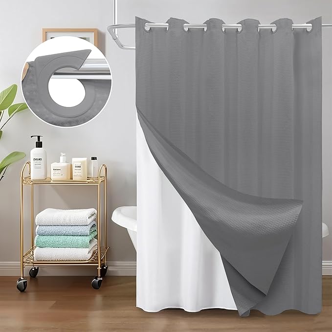 Inhousolu No Hook Waffle Weave Shower Curtain with Removable Snap in Fabric Liner Set for Bathroom, 230 GSM Heavy Duty Weighted Hem, Water Repellent Washable Bath Curtains, 72 x 72 Inch, Grey