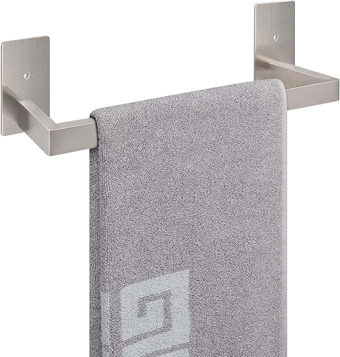 NearMoon Self Adhesive Bathroom Towel Bar, Stainless Steel Square Bath Wall Shelf Rack Hanging Towel Stick On Sticky Hanger Contemporary Style, Towel Rack Wall Mounted (12 Inch, Brushed Nickel)