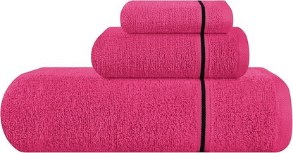 MyOwn Ultra Soft 3 Pack Cotton Towel Set, Contains a Bath Towel 28x55 inch, a Hand Towel 16x24 inch & Wash Coth 12x12 inch, Ideal Everyday use, Compact & Lightweight - Hot Pink