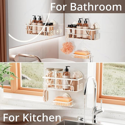 KEGII Suction Cup Shower Caddy, 2 Pack Shower Suction Shelf with Soap Holder & Hooks, No Drilling Bathroom Organizer, Stainless Steel Shampoo Holder for Bathroom Storage Basket, Cream White