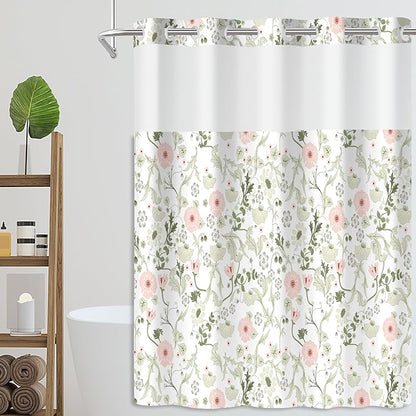 No Hook Shower Curtain Set with Snap in Fabric Liner for Bathroom,with See Through Top Window,Double Shower Curtain with Detachable Liner Replacement,Machine Washable,Green Floral,71"x 74"
