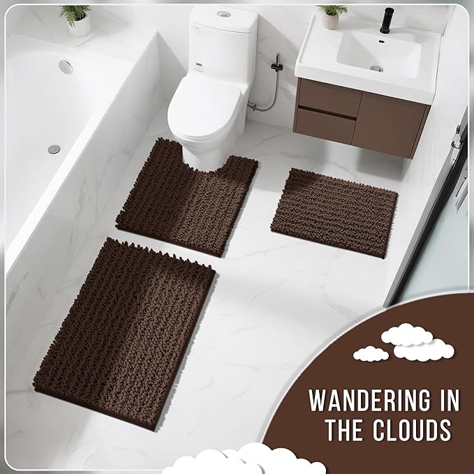 Yimobra Bathroom Rugs Sets 2 Piece - Quick Dry Extra Thick Luxury Chenille Bath Mat, Non Slip Super Absorbent for Tub Shower Sink, Machine Washable Shaggy Floor Mat, 32"x20"+24"x17" Inch, Brown