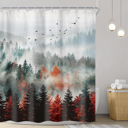 Riyidecor Red Green Mountain Shower Curtain 60Wx72H Inch Black Nature Woodland Scenery Foggy Misty Scenic Landscape Woods Rustic Dark Natural Bathroom Decor Fabric Polyester Waterproof 12 Pack Hooks