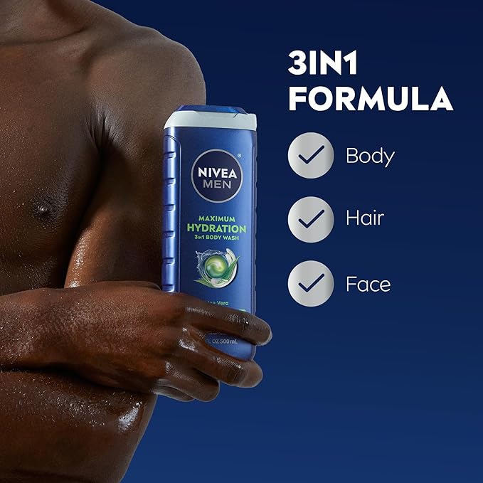 NIVEA MEN Maximum Hydration Body Wash for Dry Skin, Aloe Vera Enriched, 3-in-1 Moisturizing Body Wash, Face and Hair, Paraben Free, Vegan Formula, 16.9 Fl Oz Bottle